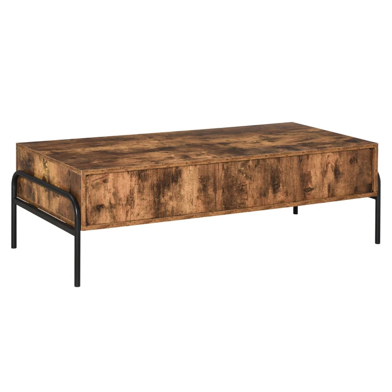 HOMCOM Industrial Coffee Table with Storage, Centre Table with Mesh Drawer, Open Shelf and Metal Legs for Living Room, Rustic Brown