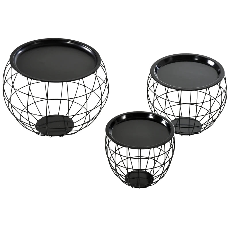 HOMCOM 3 Piece End Table Steel Storage Organizer Removable Tabletop for Living Room, Meeting Room,Black