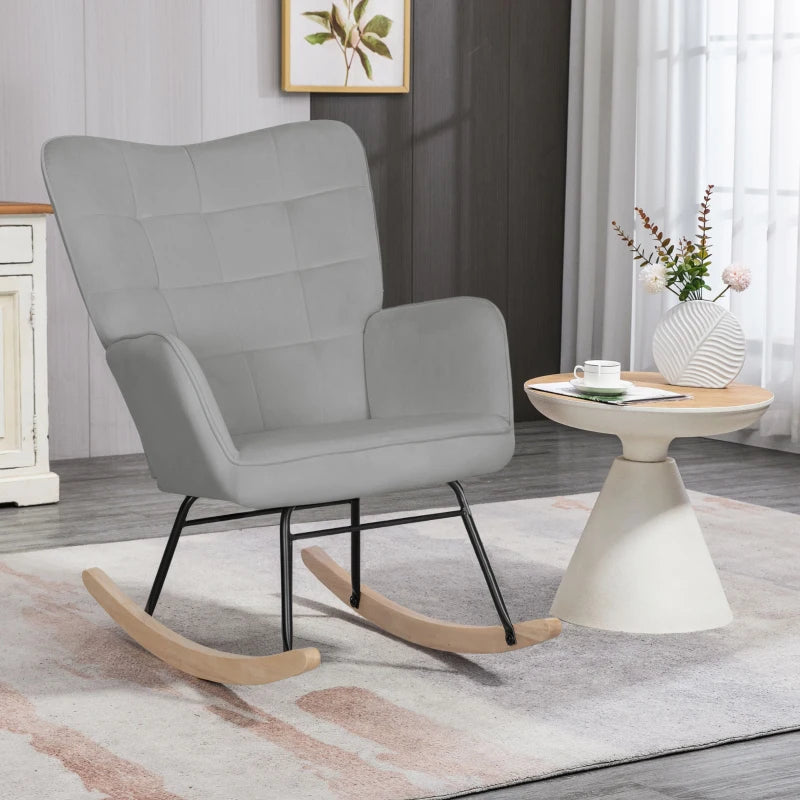HOMCOM Rocking Chair, Thick Padding, Wide Backrest, Beech Wood/Steel Frame, Supports up to 120 kg, Light Gray