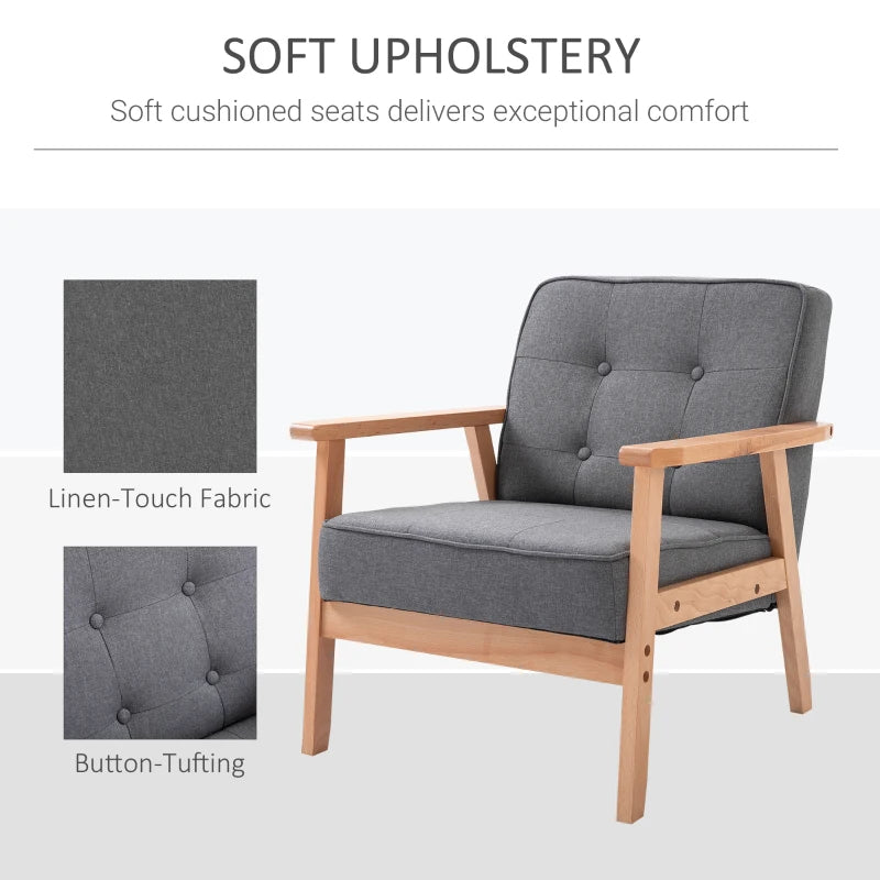 HOMCOM Sitting Chairs for Living Room, Wooden Accent Chair Lounge Armchair Retro Linen Fabric Upholstered w/ Arm Grey