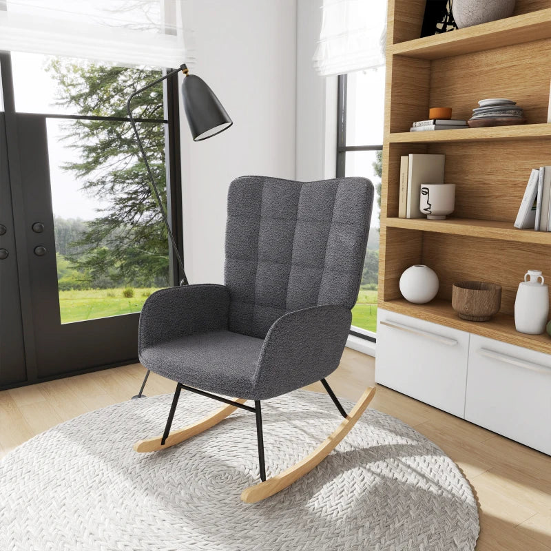 HOMCOM Berber Fleece Nursery Glider Rocker for Nursing, Wingback Rocking Chair for Living Room, Dark Grey