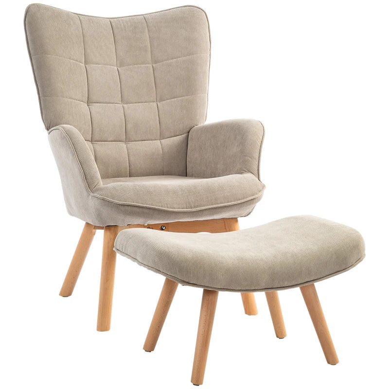 HOMCOM Accent Chair with Ottoman, Lounge Chair in Corduroy Look, Armchair with Wooden Legs, for Living Room, Light Brown