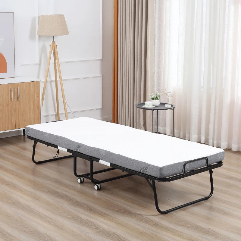 HOMCOM Guest Bed Folding Bed with Wheels Steel+Foam White+Black 200 x 80 x 42.5 cm