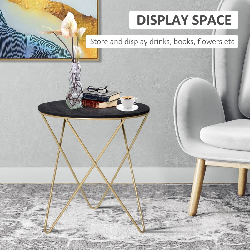 HOMCOM Round End Table, Sofa Side Table with Wood Grain Top and Metal Crossed Legs, Accent Coffee Table for Living Room, Bedroom, Black, Gold Tone