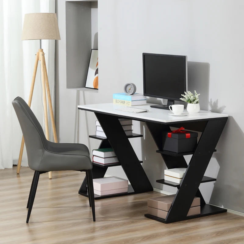 HOMCOM Study Desks with Storage, 120x60x75.5cm Laptop Workstation with 6 Open Shelves White and Black