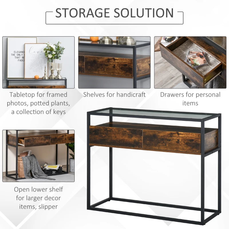 HOMCOM Entryway Console Table Desk with Drawers, Toughened Glass Shelf, 3D Wood Grain