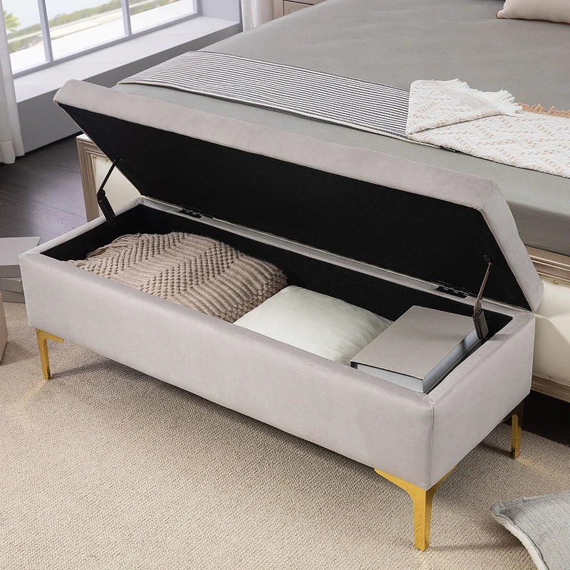 HOMCOM Storage bench tufted seat velvet look 2 in 1 metal legs 120 x 44 x 44.5 cm gray and gold