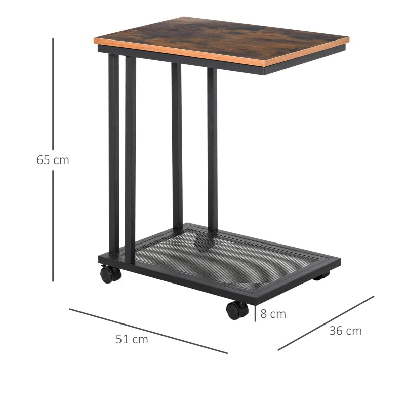 HOMCOM Side Table that Slides under Couch, Mobile Sofa Side End Coffee Table Metal Frame Rolling Castors Storage Wooden Trolly