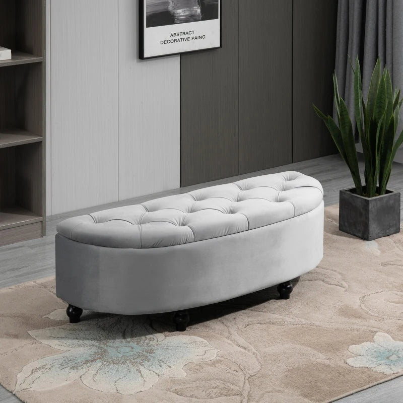 HOMCOM Bench Ottoman Storage Chest Footrest with Storage Space Open Lid for Bedroom Velvet-Touch Rubberwood Gray 120 x 46 x 42 cm