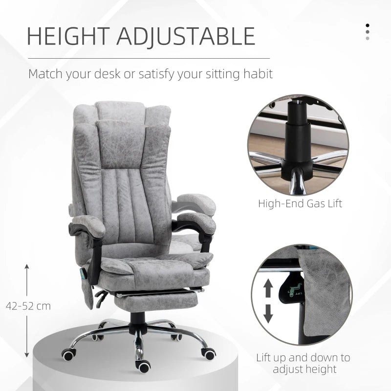 Vinsetto Office Chair with Massage and Heat, Microfibre Reclining Computer Desk Chair with Footrest and Adjustable Height, Swivel Wheels for Home Office, Grey