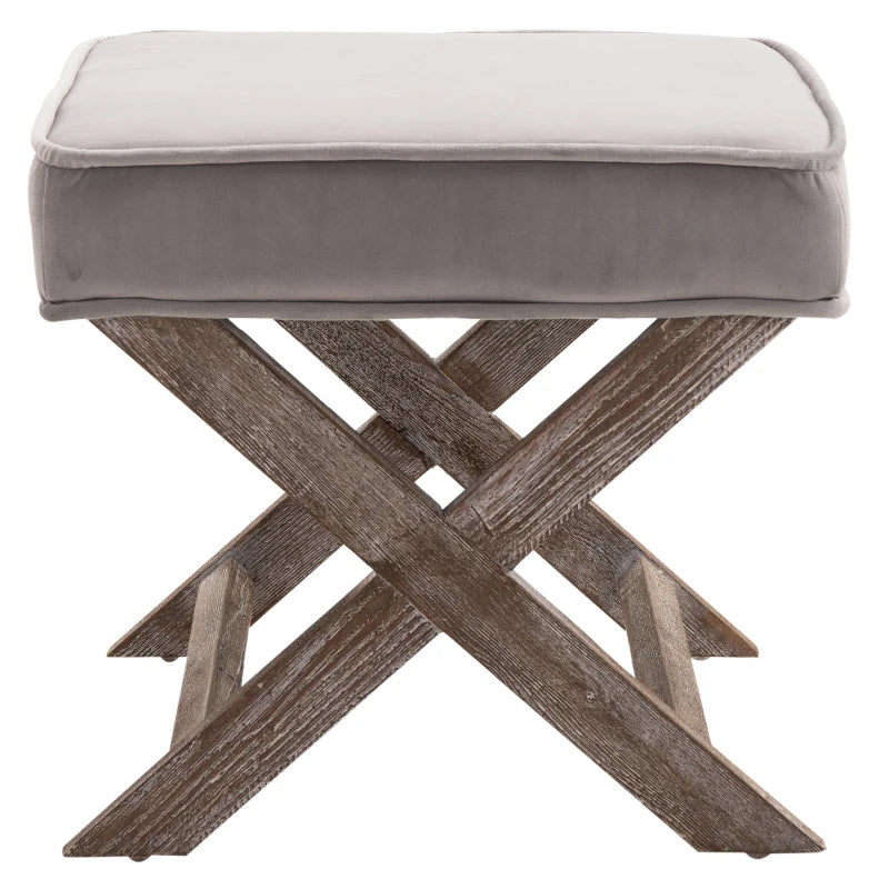 HOMCOM Vintage Footstool Padded Seat X Leg Chair Velvet Cover Shabby Chic Footrest Solid Rubber Wood Frame 49.5 x 45 x 41 cm Grey