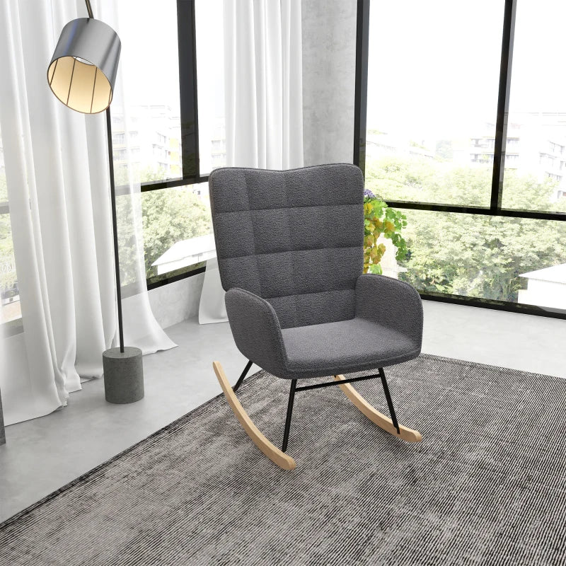 HOMCOM Berber Fleece Nursery Glider Rocker for Nursing, Wingback Rocking Chair for Living Room, Dark Grey