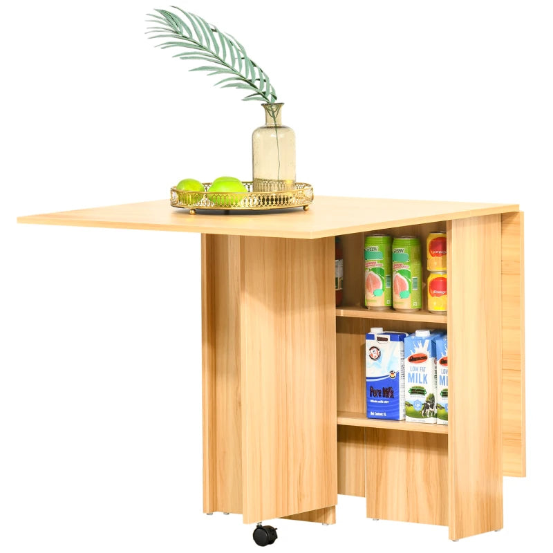HOMCOM Drop Leaf Dining Table with Storage Shelves, Folding Kitchen Table, Writing Desk with 2 Wheels, Brown