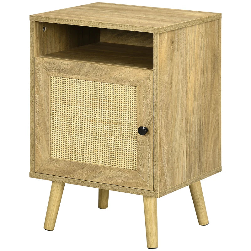 HOMCOM Bedside Table with Rattan Element, Side End Table with Shelf and Cupboard, 39cmx35cmx60cm, Natural