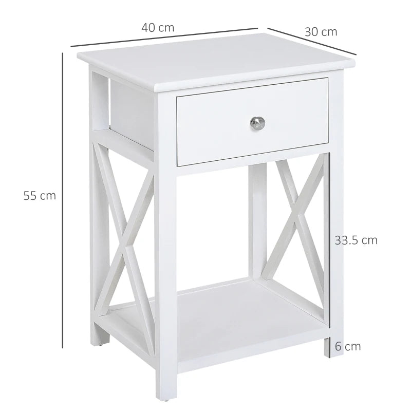 HOMCOM Farmhouse End Table, Sofa Side Table with Drawer, Bottom Shelf and X-frames, Bedside Table for Bedroom, White