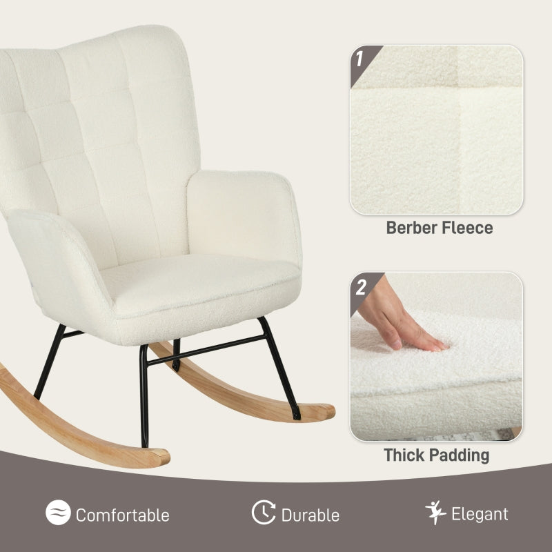HOMCOM Rocking Chair in Fleece Look with Armrests, Ergonomic Armchair with Wooden Rockers, for Living Room, Bedroom, White