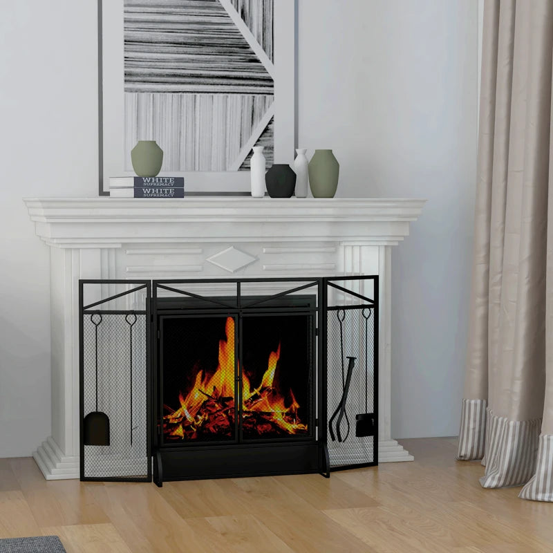 HOMCOM 3 Panel Folding Fire Guard Screen with Fireplace Tool Sets and Front Doors, Freestanding Fire Screen Spark Guard with Feet for Open Fire, Log Burner, Fireplace, 122 x77 cm, Black