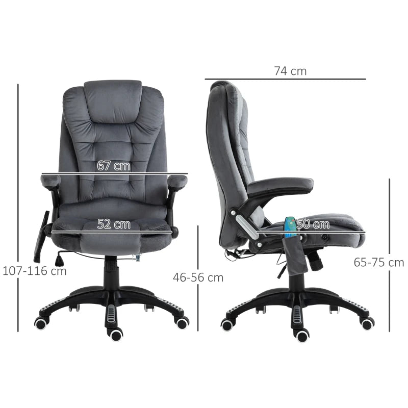 Vinsetto Massage Office Chair Recliner, Ergonomic Gaming Heated Home Office Padded & Swivel Base, Velvet-Feel Fabric, Grey