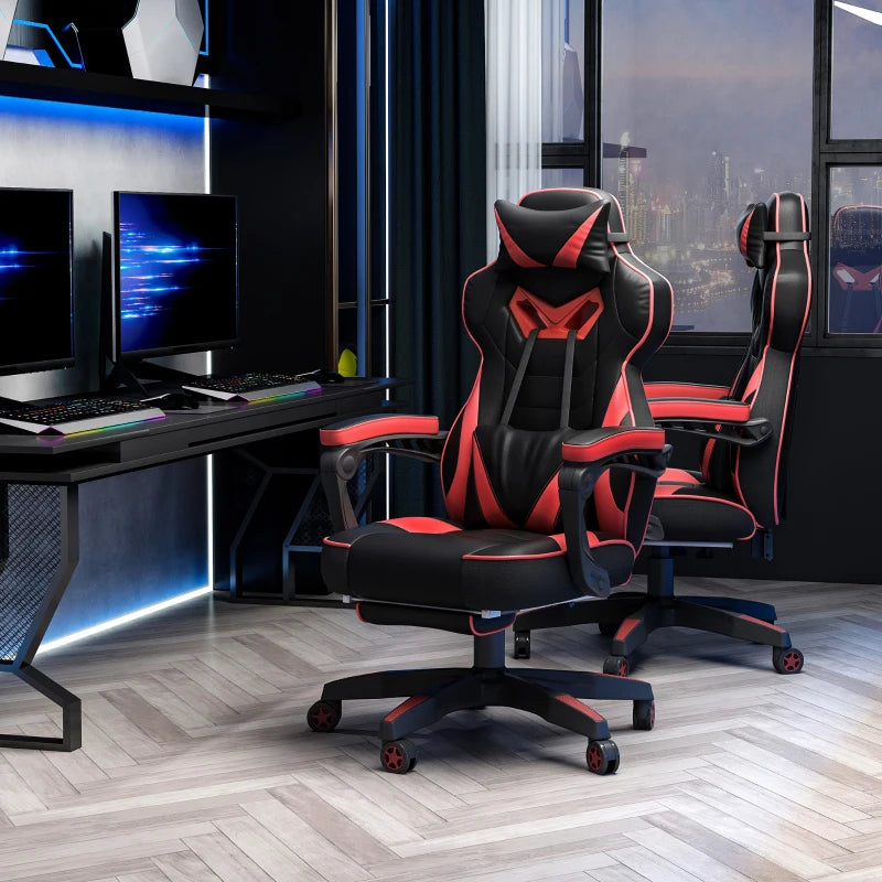 Vinsetto Swivel Gaming Chair with Footrest, PU Leather Computer Office Chair with Lumbar Support and Headrest, Black and Red