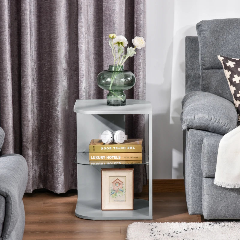 HOMCOM Modern Side Table, 3-tier Bedside Table, Nightstand with 2 Storage Shelves, Glass Shelf for Living room, Bedroom, Corner, Grey