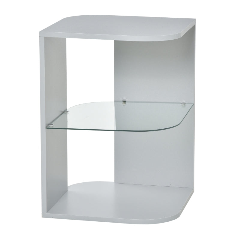 HOMCOM Modern Side Table, 3-tier Bedside Table, Nightstand with 2 Storage Shelves, Glass Shelf for Living room, Bedroom, Corner, Grey