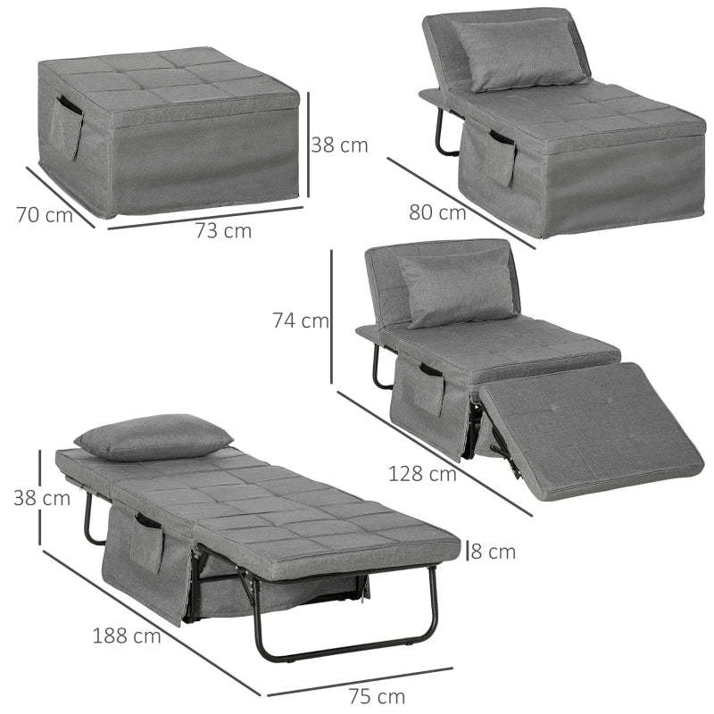 HOMCOM 4-in-1 Folding Bed, Guest Bed, Height Adjustable, Mattress, Side Pockets, Metal Frame, Gray, 188 x 75 x 38 cm
