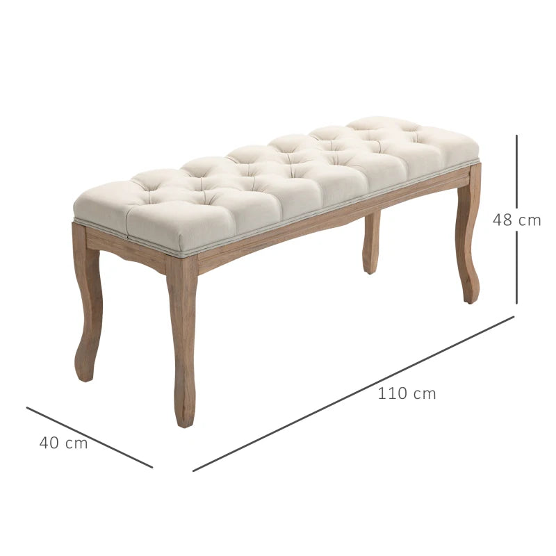 HOMCOM 110cm Upholstered Bench, Linen Fabric Ottoman Stool with Button Tufted Seat, and Rubber Wood Legs for Living Room, Bedroom, or Hallway, Beige