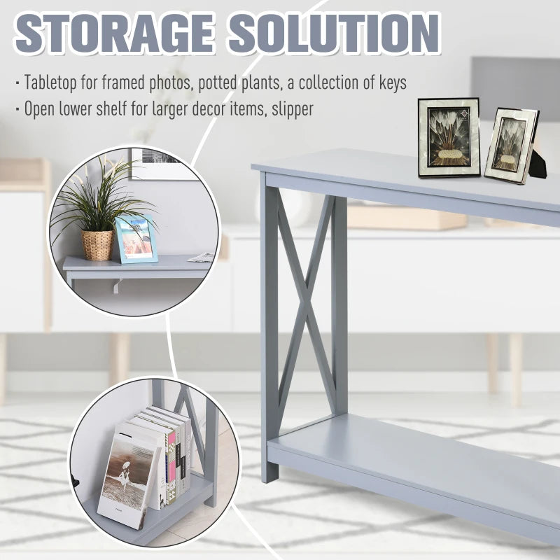 HOMCOM Console Table, Modern Hallway Table with Bottom Storage Shelf and X-frame, Sofa Table for Living Room, Entryway, Grey