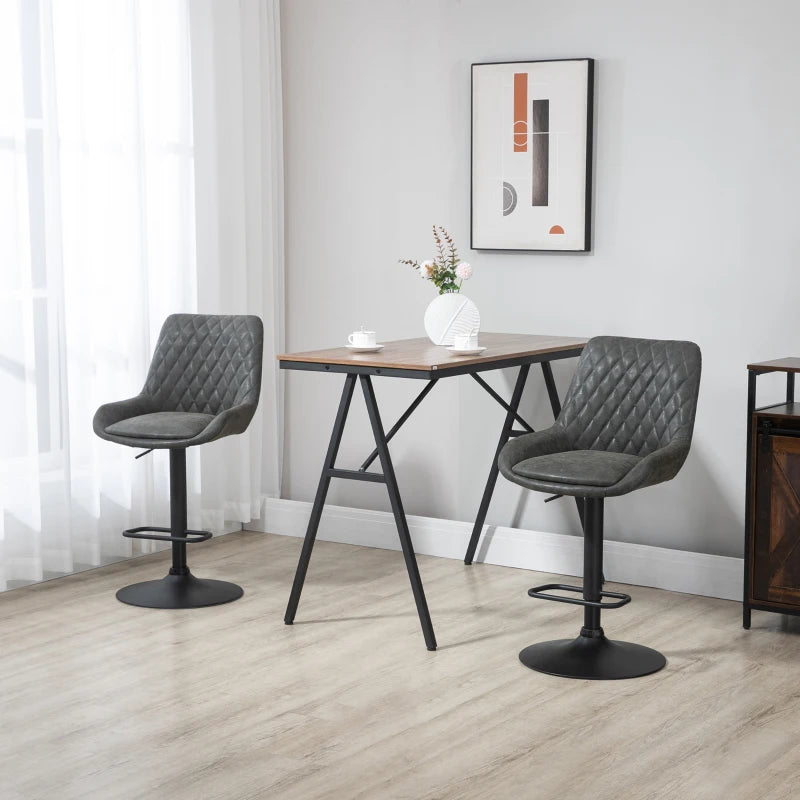 HOMCOM Retro Bar Stools Set of 2, Adjustable Kitchen Stool, Upholstered Bar Chairs with Back, Swivel Seat, Dark Grey