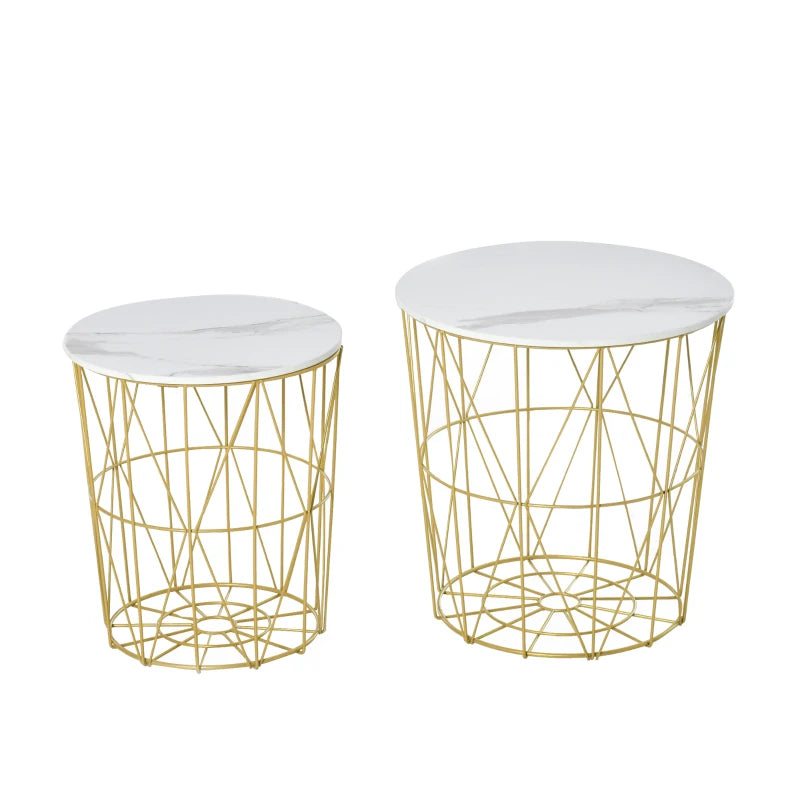 HOMCOM Set of 2 Nesting Side Tables with Storage, Round End Tables Coffee Tables with Steel Frame and Removable Round Top, for Living Room, bedroom, office, White