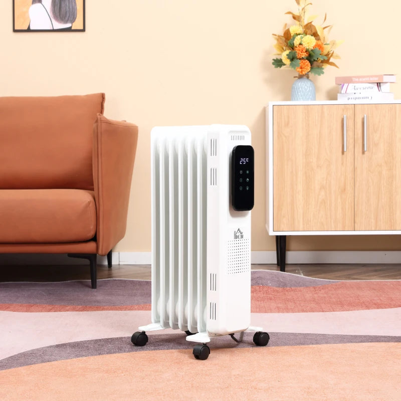 HOMCOM 1630W Oil Filled Radiator with 7 Fins, Portable Electric Heater with 24H Timer, 3 Power Settings, Safety Cut-off and Remote, White