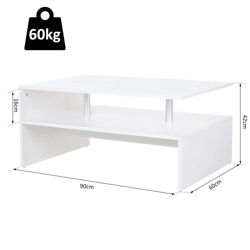 HOMCOM White Wood Coffee Table, 2 Tier Modern Rectangular Open Shelf Desk Living Room