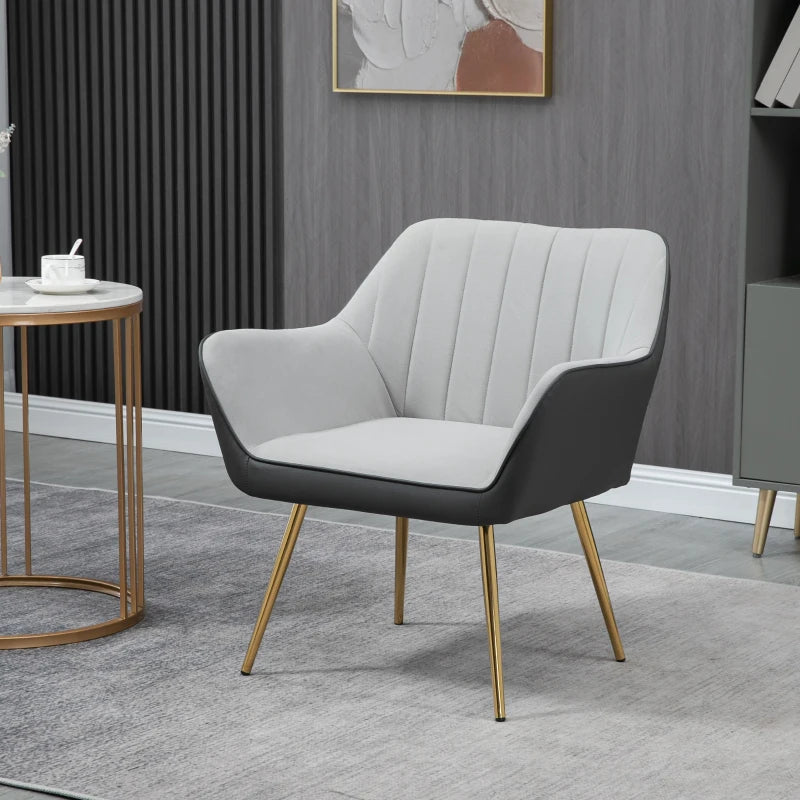HOMCOM Velvet Armchairs, Upholstered Accent Chairs with Golden Steel Legs, Modern Vanity Chairs for Living Room and Bedroom, Light Grey