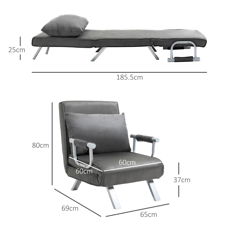 HOMCOM Single Chair Sofa Bed Convertible Detachable Grand Comfort Cushion Metal Armrest Legs Suede Grey