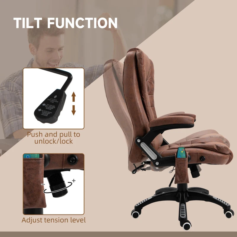 Vinsetto Massage Office Chair Recliner, Ergonomic Gaming Heated Home Office Padded & Swivel Base, Microfiber Cloth, Brown