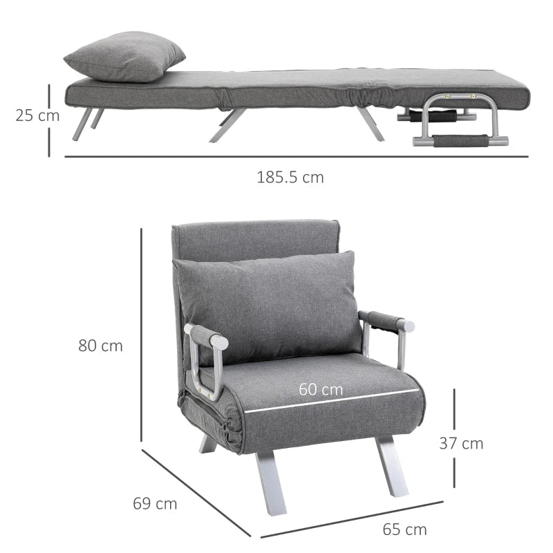 HOMCOM Sleeper Chair with Armrest 3-in-1 Sofa Bed Guest Bed Folding Mattress Folding Bed Chaise Longue Multifunction linen-like Polyester Gray 65 x 69 x 80 cm