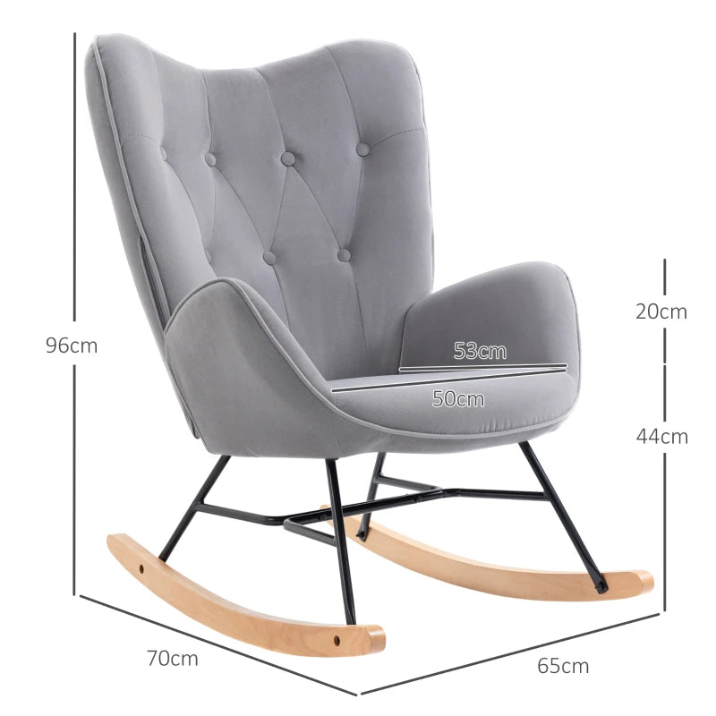 HOMCOM Rocking Chair with Ear Wings Grand Comfort Armrests Seat Backrest High Density Foam Velvet-Like Gray