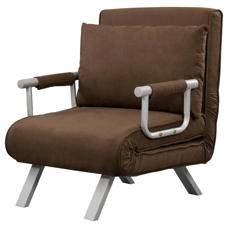 HOMCOM Convertible 1-Seater Armchair Sofa Bed with Removable Quilted Upholstery Grand Comfort Cushion Metal Armrests Suede Brown