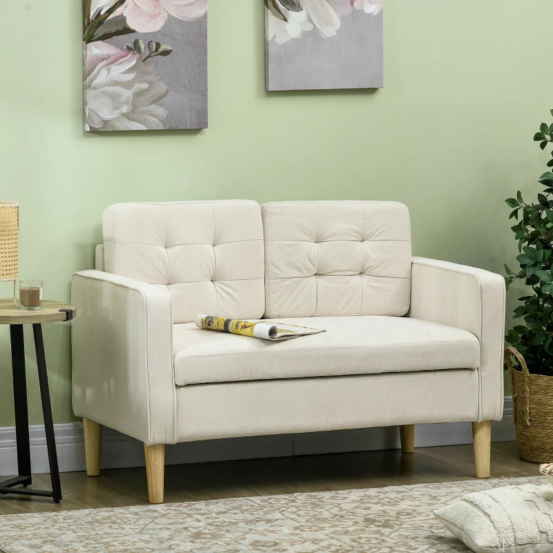 HOMCOM Modern Loveseat Sofa, Compact 2 Seater Sofa with Hidden Storage, 117cm Tufted Cotton Couch with Wood Legs, Cream White