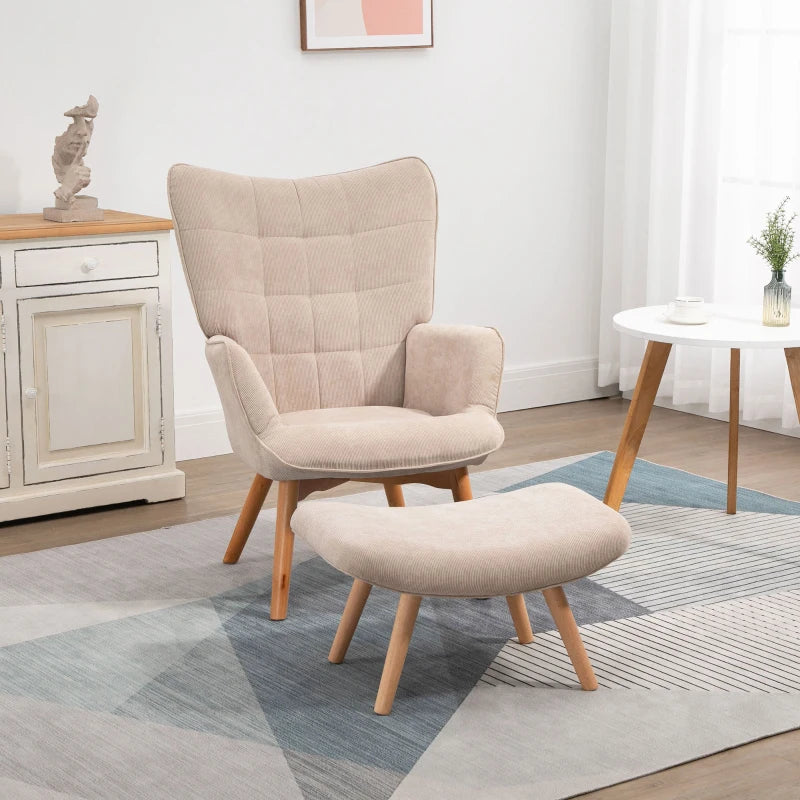 HOMCOM Modern Accent Chair with Ottoman, Living Room Chairs with Steel Frame, Wooden Legs for Living Room, Study, Bedroom and Home Office, Beige