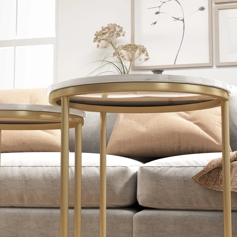 HOMCOM Set of Two Marble-Effect Nest of Tables - White/Gold-Tone