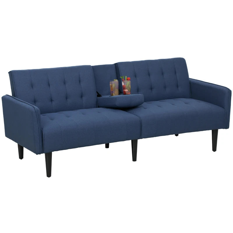 HOMCOM Three-Seater Sofa Bed, with Cupholders - Dark Blue