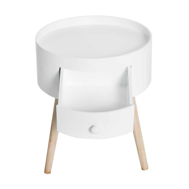 HOMCOM Modern Round Coffee Table Wooden Side Table Living Room Storage Unit w/ Drawer Wood Leg - White