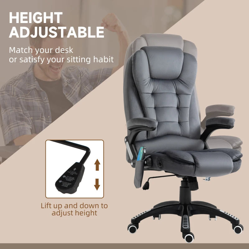 Vinsetto Massage Office Chair Recliner, Ergonomic Gaming Heated Home Office Padded & Swivel Base, Velvet-Feel Fabric, Grey