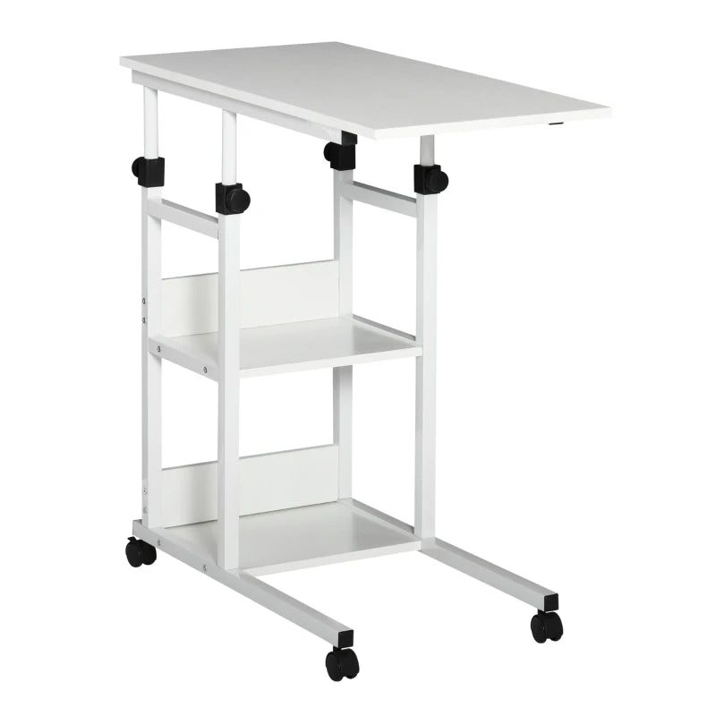 HOMCOM Side table with wheels, height adjustable, compact, 2 shelves, metal frame, 80x40x72-82 cm, White