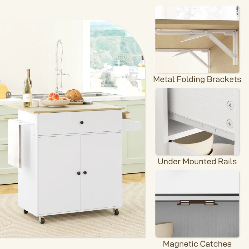 HOMCOM Rolling Kitchen Island with Drop Leaf, Kitchen Storage Cart with Drawer, Spice Rack and Towel Rack, White