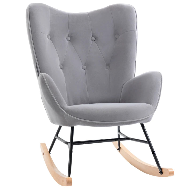HOMCOM Rocking Chair with Ear Wings Grand Comfort Armrests Seat Backrest High Density Foam Velvet-Like Gray