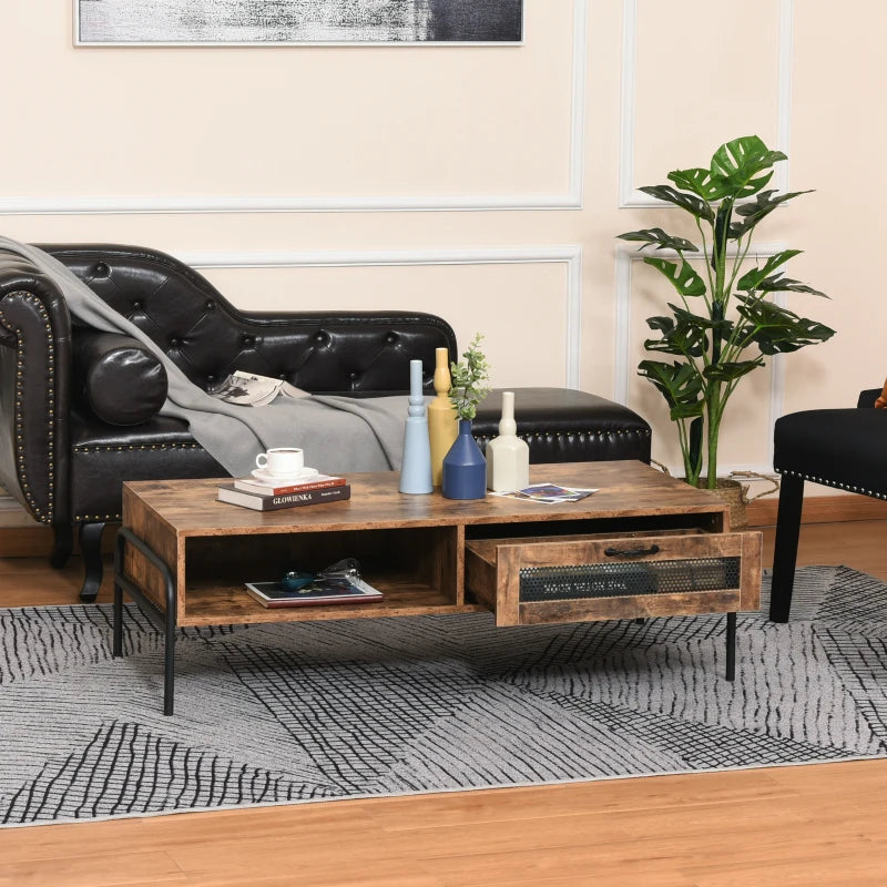 HOMCOM Industrial Coffee Table with Storage, Centre Table with Mesh Drawer, Open Shelf and Metal Legs for Living Room, Rustic Brown