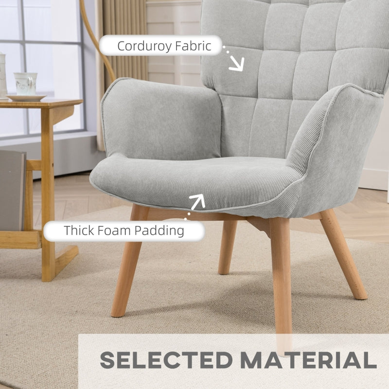 HOMCOM Accent Chair with Ottoman, Recliner in Corduroy Style, Armchair with Wooden Legs, for Living Room, Gray