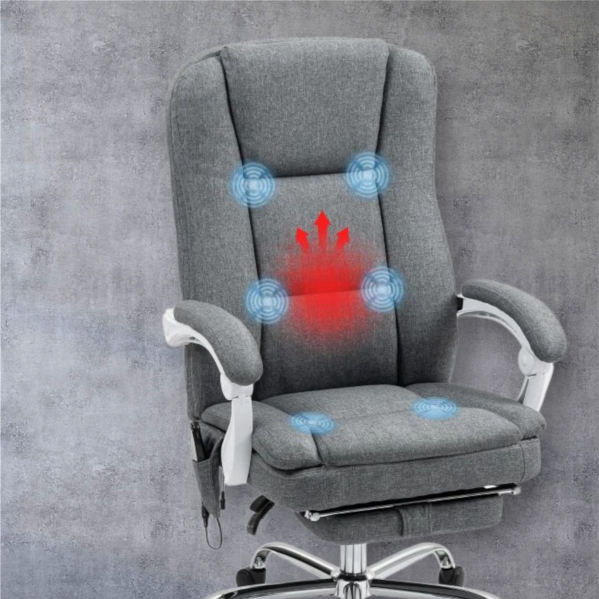 Executive Office Chair with 8-point Massage and Heat, Fabric Computer Desk Chair with Reclining Backrest, High Back, Height Adjustable, Swivel Wheels, Footrest, Remote, for Home, Grey